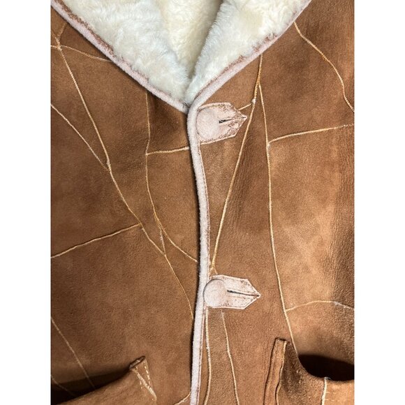 Vintage Brown Suede Shearling Coat With Faux Fur Lining & Button Closures Mens L - Picture 5 of 11